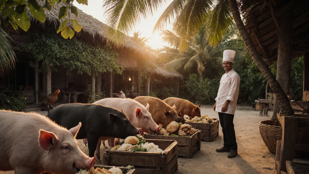 Pigs and chickens eating surplus food from wooden troughs at a Caribbean resort at sunrise.