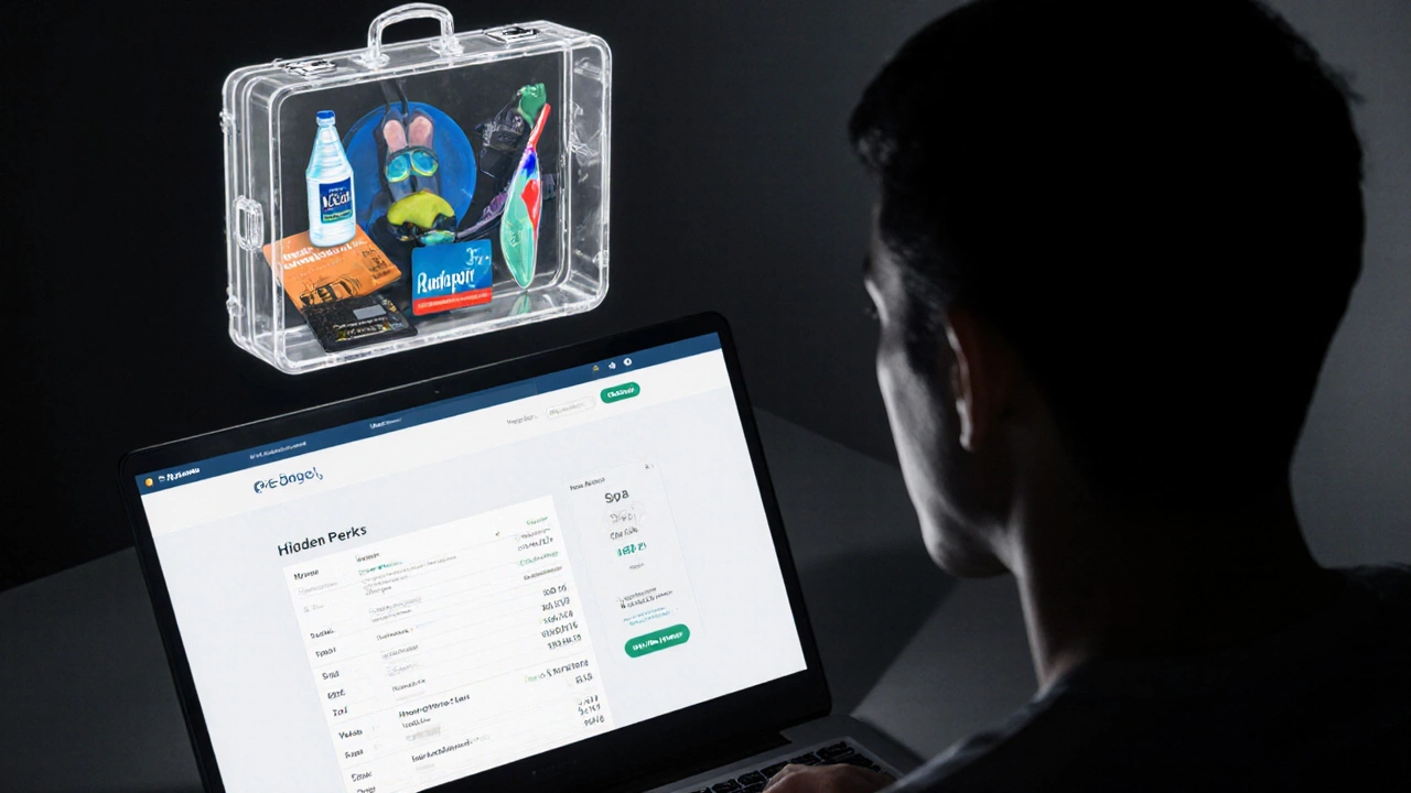 Transparent suitcase filled with vacation perks floating above a hotel keycard, contrasting with a laptop showing extra fees.