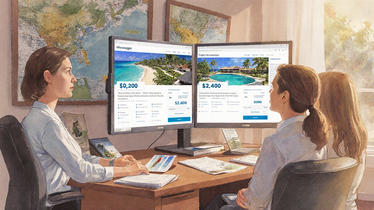 Travel agent in office comparing resort prices on screen while clients observe, maps and brochures around them.