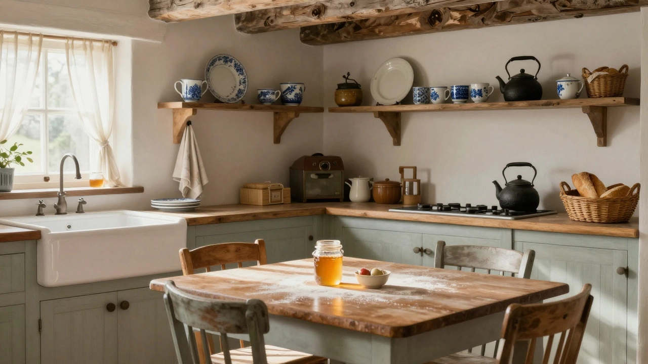 A cozy kitchen with a painted wooden table, mismatched dishes on open shelves, and dish towels hanging by a farmhouse sink under soft natural light.