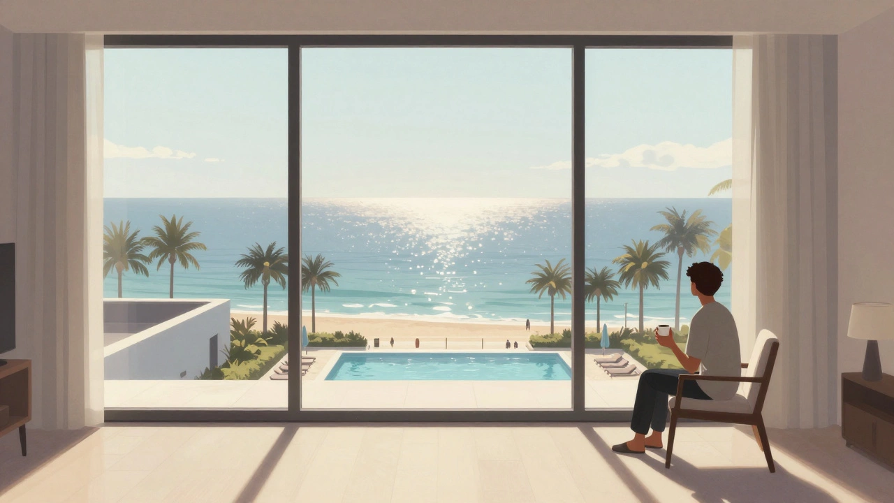 A high-floor oceanview room with a distant ocean seen through palm trees and a rooftop pool, a guest gazing quietly from inside.