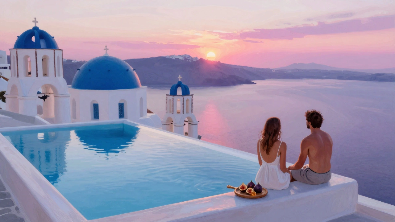A private infinity pool in Santorini blends into the sea at sunset, with fresh figs and honey on a terrace.