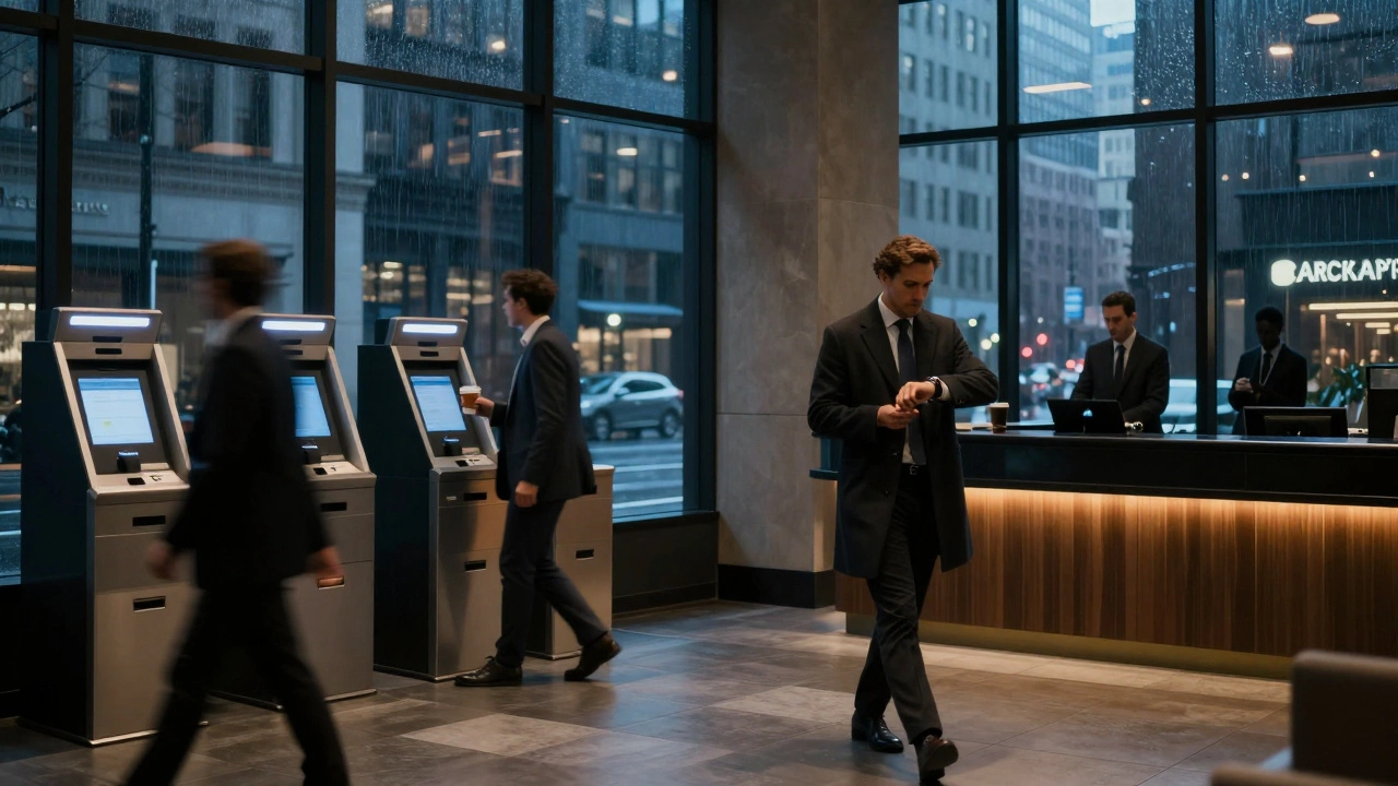 A professional checking in at a modern hotel lobby with automated kiosks and 24/7 service.