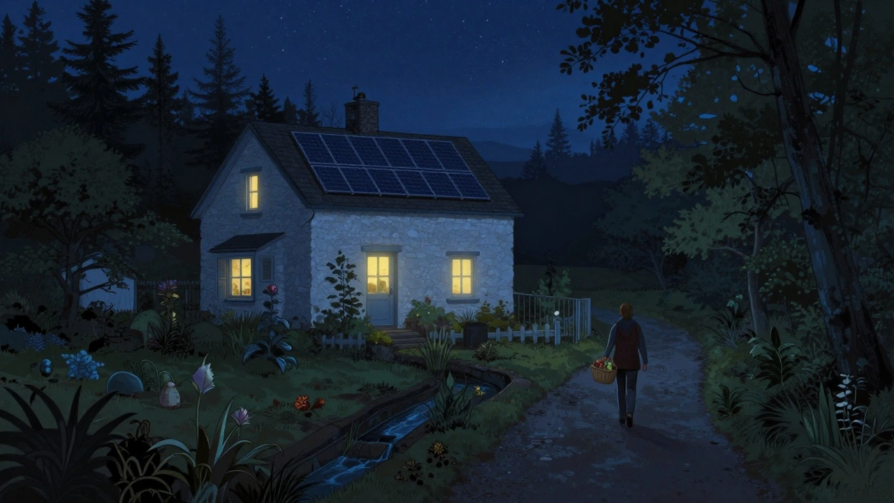A quiet night view of an eco-friendly house glowing softly in the woods, with a person walking toward the forest.