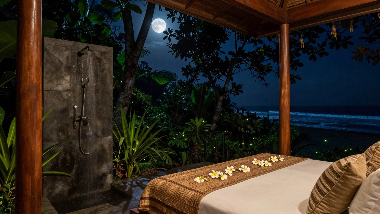 A secluded Bali suite at night, moonlight illuminates frangipani flowers on the bed amid jungle shadows.