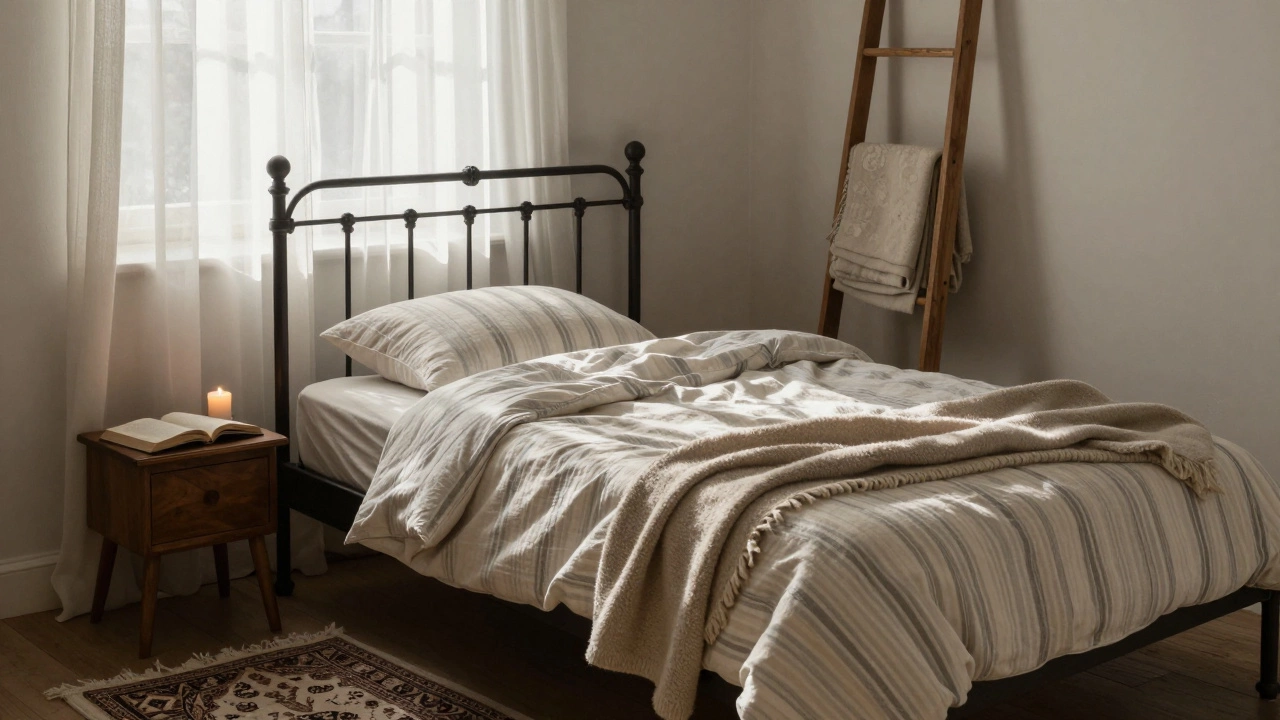 A serene bedroom with a wrought iron bed, striped cotton bedding, a wool blanket, and a single candle beside an open book in morning light.