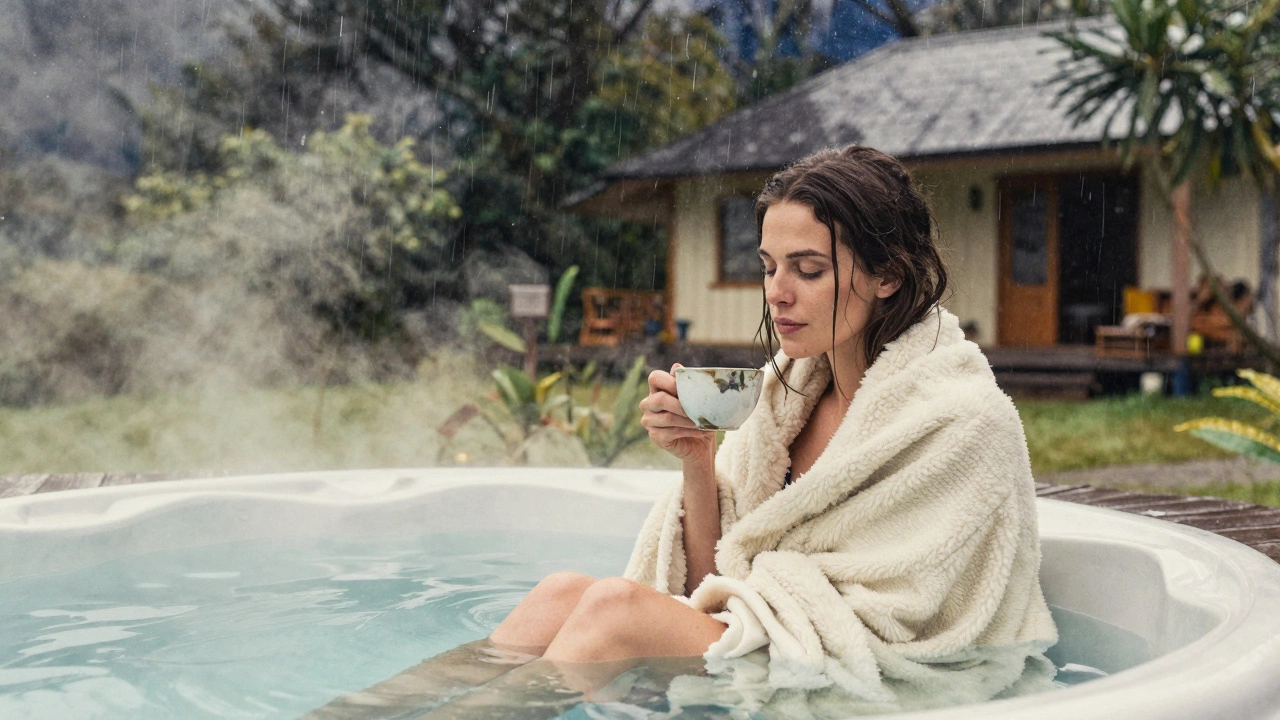 A woman relaxes in a hot tub under the stars, rain falling softly, holding a chipped teacup in quiet solitude.