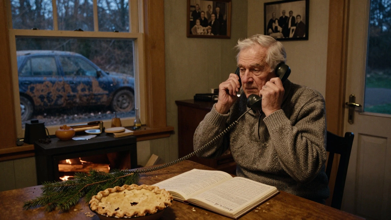 An elderly man answers a ringing phone in a cozy cottage by the fireplace, a guestbook open on the table.