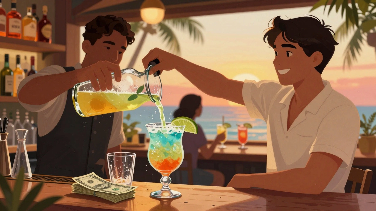 Bartender serving drink with tips on bar counter in tropical resort