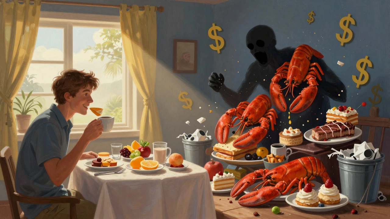 Contrasting image: peaceful breakfast vs. overwhelming pile of food, symbolizing the reality of all-inclusive limits.