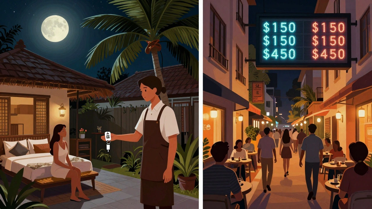 Contrasting scenes of a discounted boutique hotel and a crowded city hotel with rising prices.
