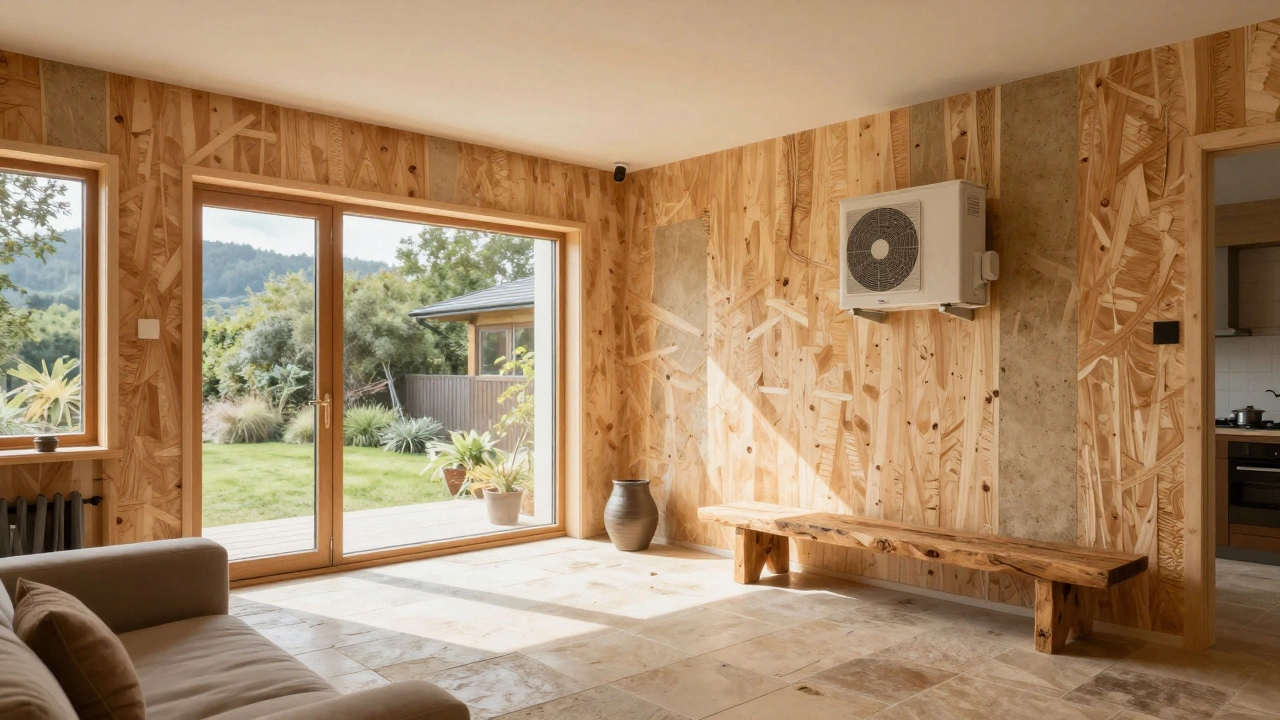 Cozy interior with timber walls and large windows, natural materials and soft light highlight a healthy, energy-efficient home.