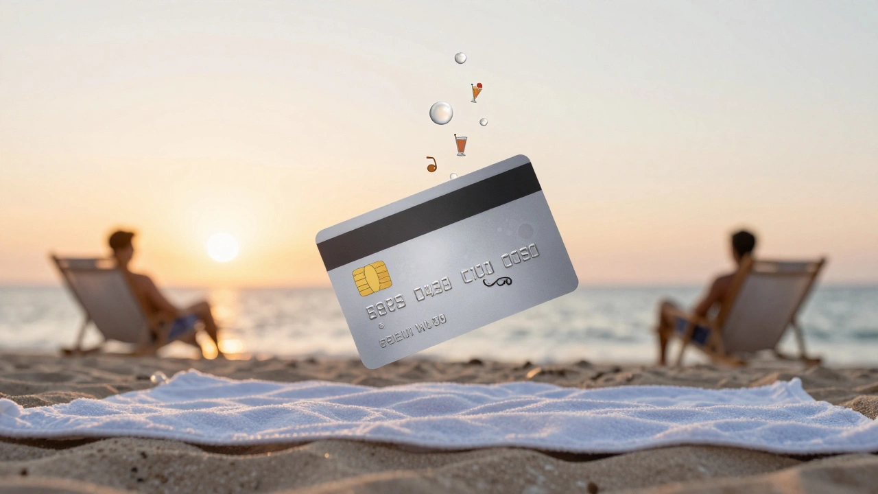 Credit card floating above beach towel with food and activity icons rising like bubbles at sunset.