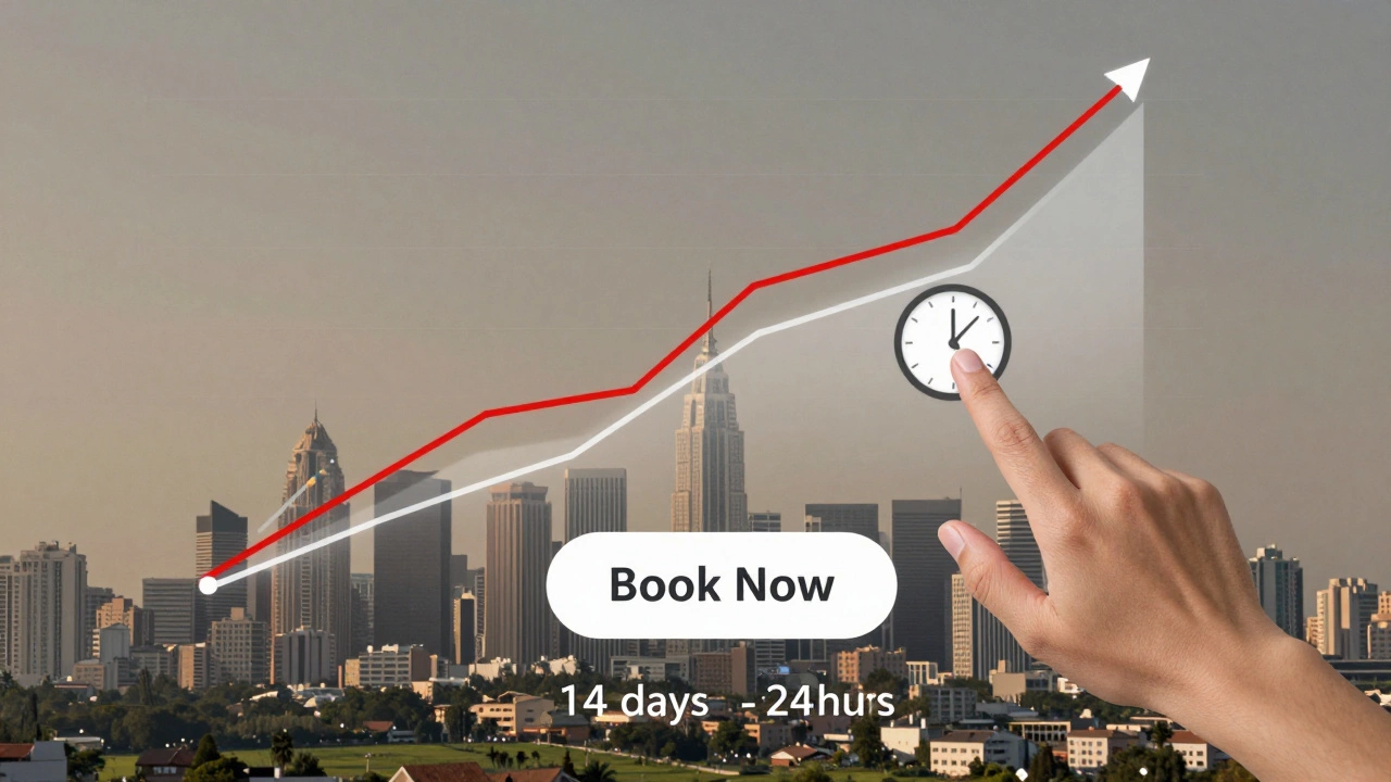Floating price graph above city skyline showing demand trends for hotel bookings.