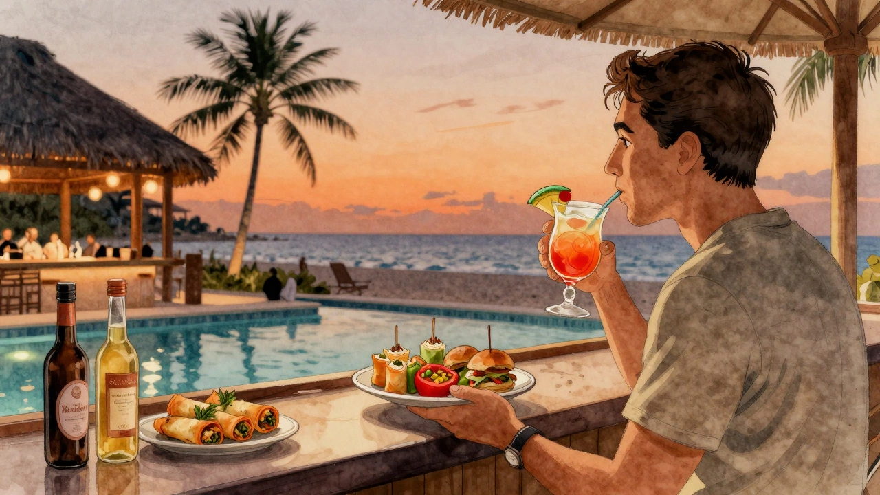 Guest enjoying small snacks by the pool at dusk with a tropical drink, calm atmosphere, no excess food.