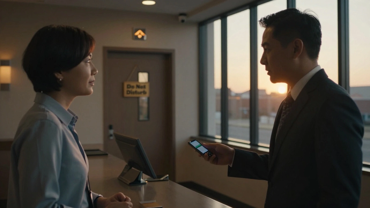Guest speaking with hotel staff at front desk, digital keycard in hand.