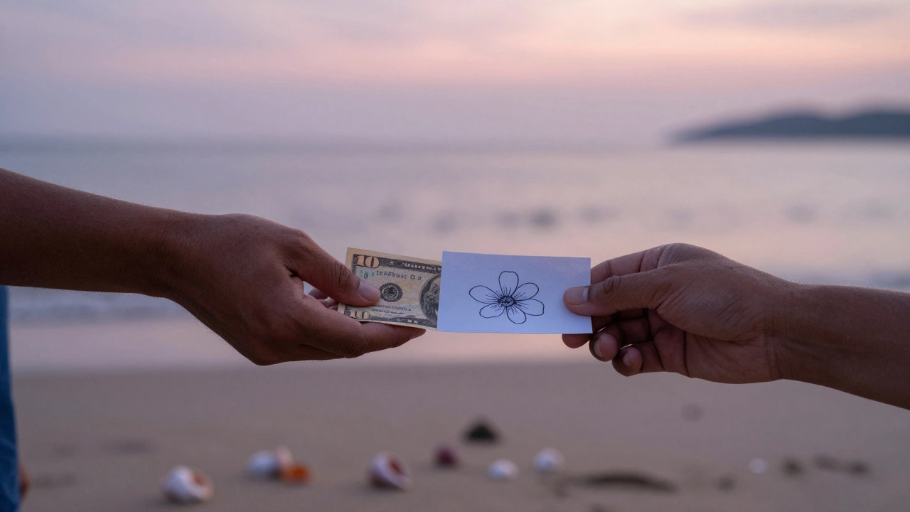 Hand offering cash tip to tour guide with flower note on beach at dusk
