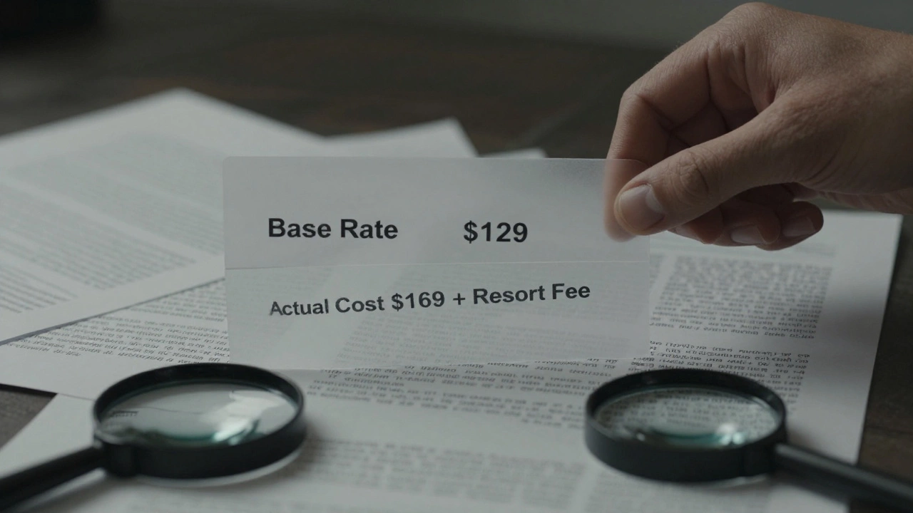 Hand peeling away a false base price to reveal hidden resort fees beneath fine print documents.