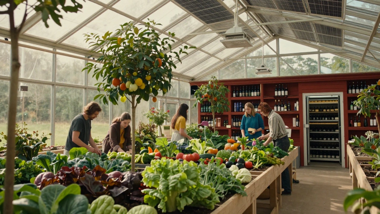 Interior of a massive greenhouse inside a sustainable mansion, filled with plants and reclaimed wood walls.