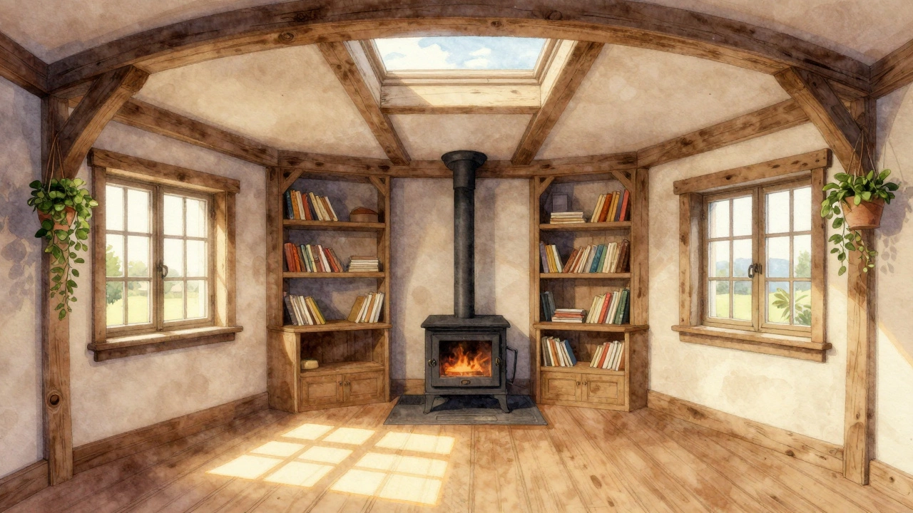 Interior of a round cottage with curved walls, wood stove, and sunlight streaming through south-facing windows.