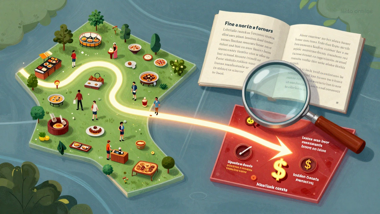 Resort map showing free dining paths versus paid specialty restaurants with fine print.