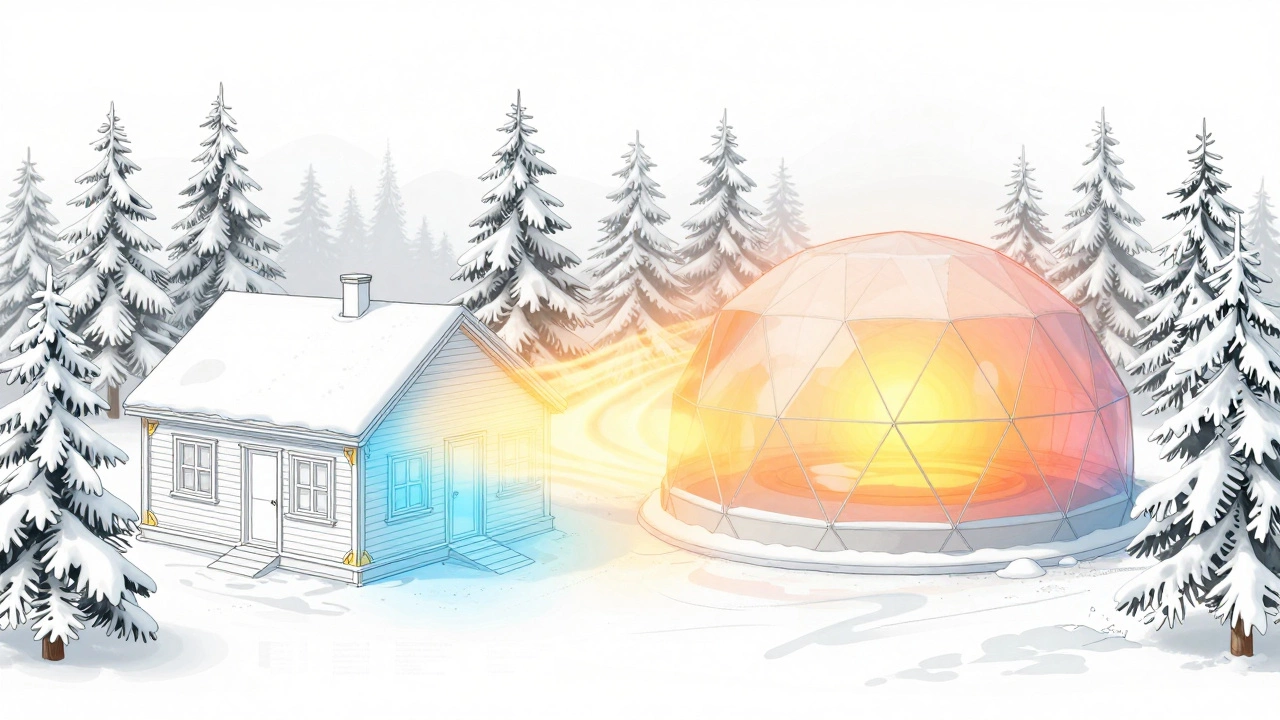 Side-by-side comparison of a rectangular house losing heat versus an efficient dome retaining warmth.