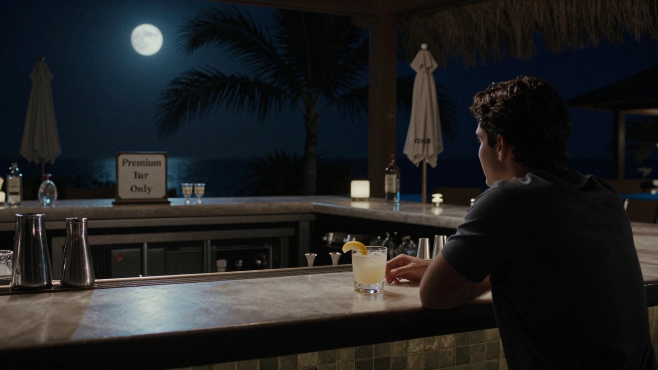 Solo guest at a quiet midnight premium bar under moonlight with a high-end cocktail.