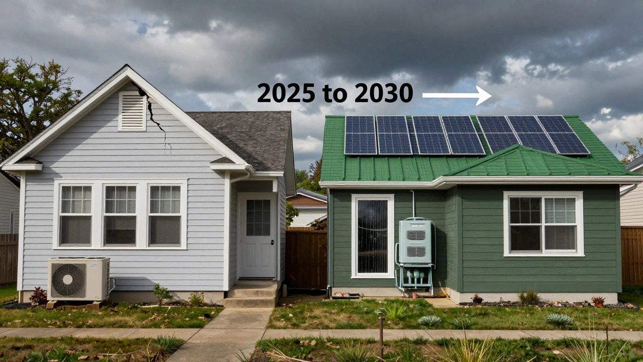 Split image contrasting old inefficient home with new net-zero home, showing evolution of sustainable building by 2030.