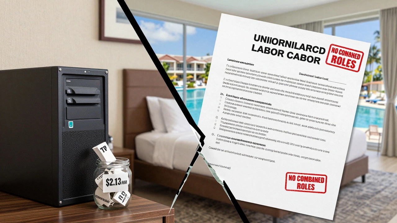 Split image showing US hotel labor system versus ghost of an all-inclusive resort.