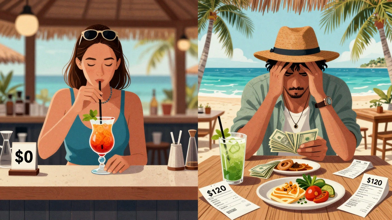 Split-screen comparison: relaxed resort guest vs. stressed traveler counting meal and drink receipts.