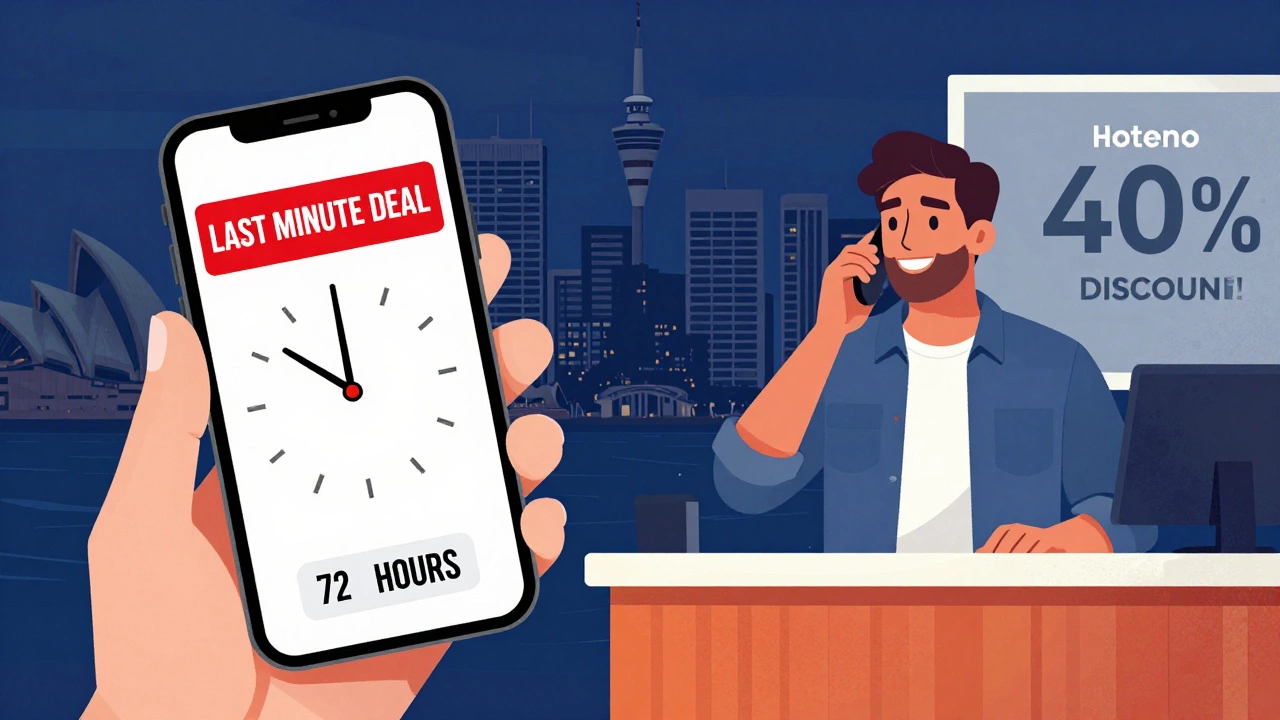 Split-screen showing last-minute hotel deal alert and caller receiving discount confirmation.