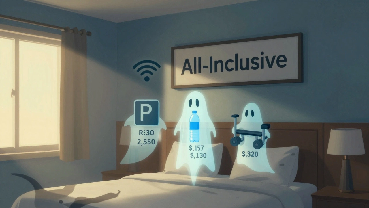 Surreal hotel room with floating price tags over all-inclusive amenities, symbolizing hidden charges.