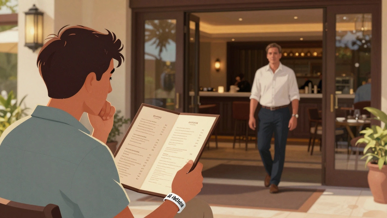 Traveler hesitating at a luxury restaurant entrance with a basic all-inclusive wristband.