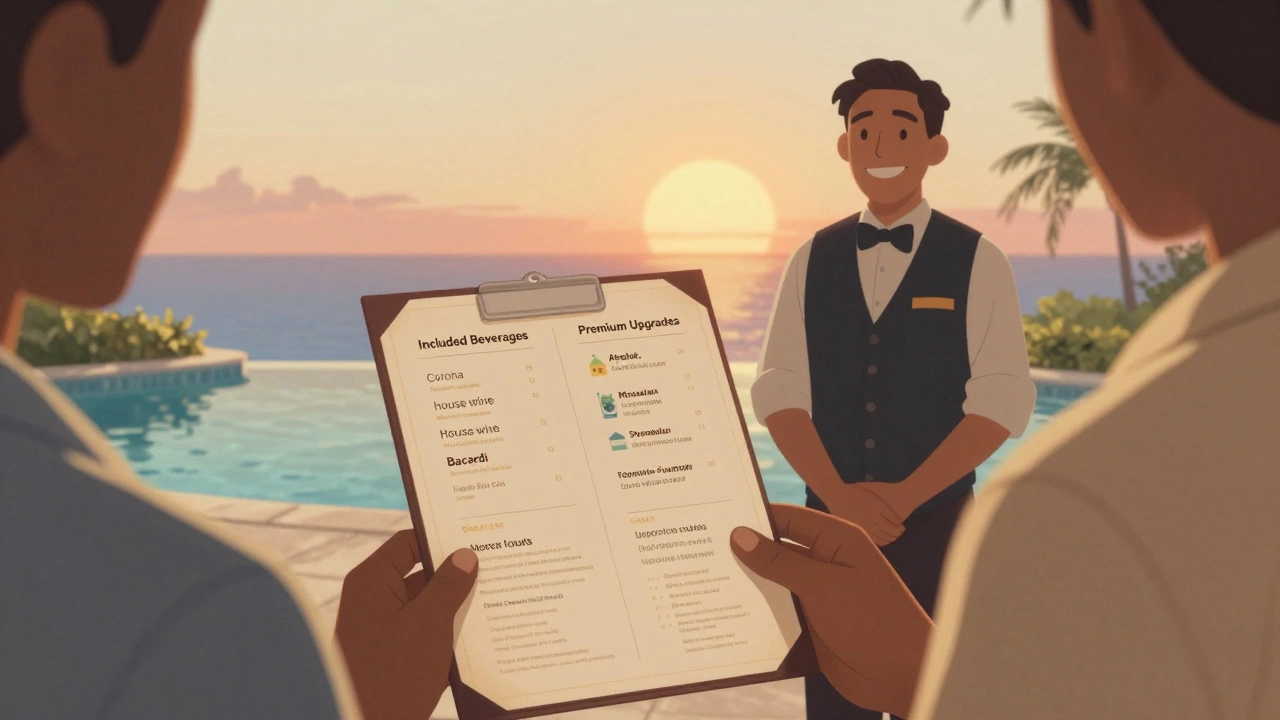 Traveler reviewing a printed drink menu at resort check-in with concierge nearby.