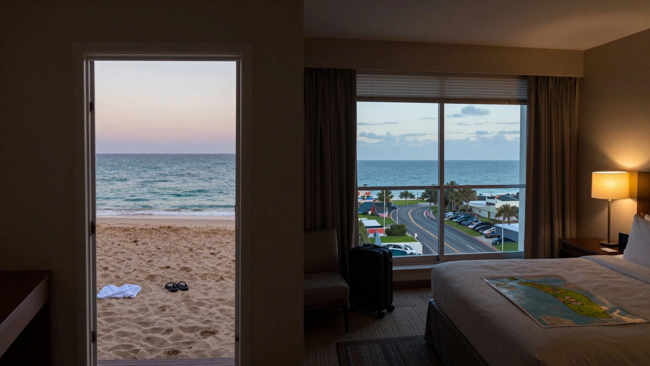 Two contrasting hotel rooms side by side: one with direct beach access, the other with a blocked view and packed suitcase.