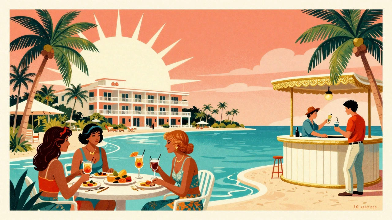 Vibrant Caribbean all-inclusive resort versus a modest American hotel in vintage poster style.