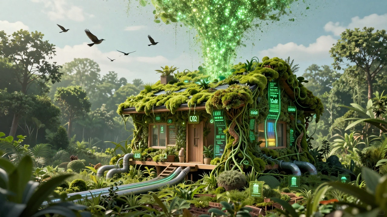 A living house as part of a thriving ecosystem, with glowing carbon absorption and geothermal energy flowing through the land.