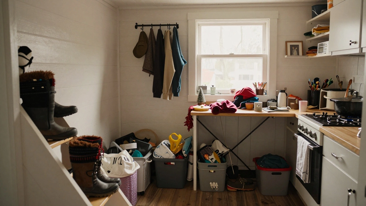A tiny house kitchen overflowing with storage items, cluttered shelves, and piled belongings under natural light.