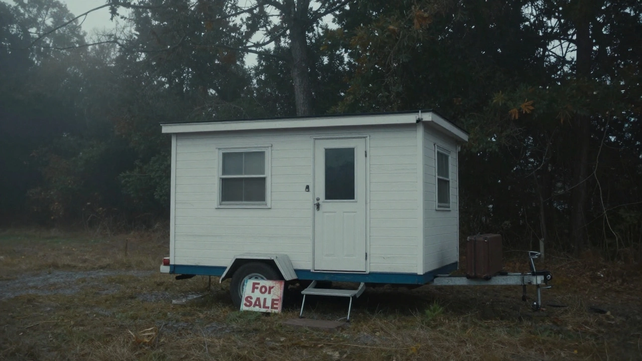 An isolated tiny house on a trailer at the edge of a forest, with a suitcase and 'For Sale' sign in misty morning light.