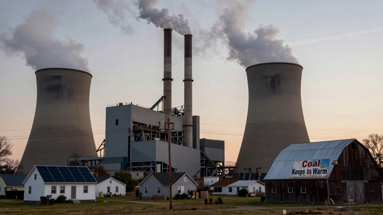 Coal power plant at dusk emitting smoke, with transmission lines leading to rural homes and a faded coal slogan on a barn.