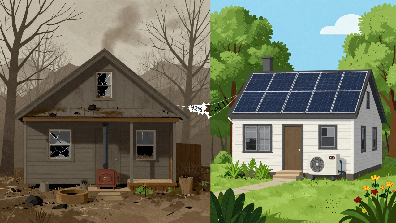 Contrasting cabin scenes: coal-dusted West Virginia home versus clean energy Vermont cottage, connected by a snapping power line.