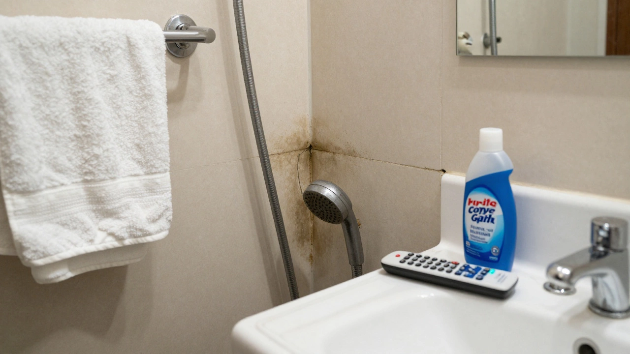 Dirty love hotel bathroom with mold, sticky remote, and strong air freshener.