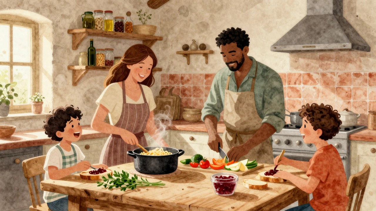 Group cooking together in a rustic kitchen with fresh ingredients and sunlight streaming in.