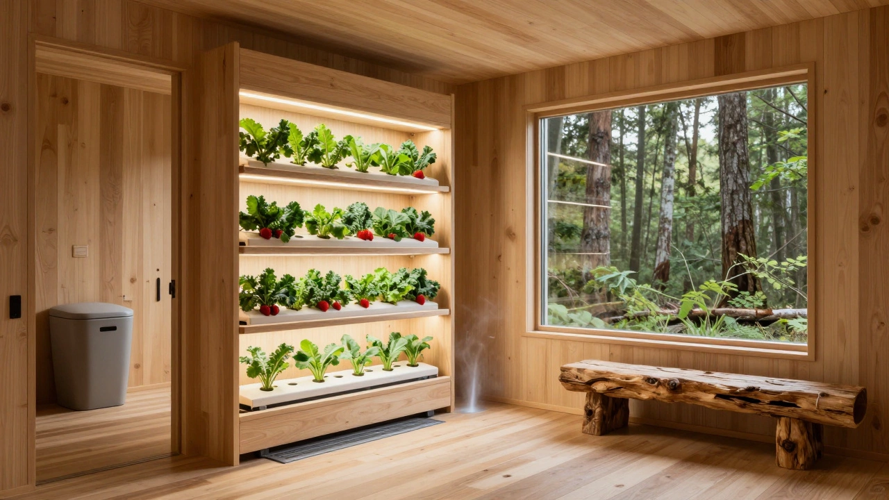Interior of a sustainable home with vertical hydroponic farming, reclaimed wood furniture, and a window overlooking wild forest.