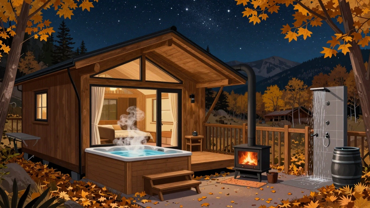 Luxury glamping cabin in autumn with hot tub, wood stove, and starry sky above.