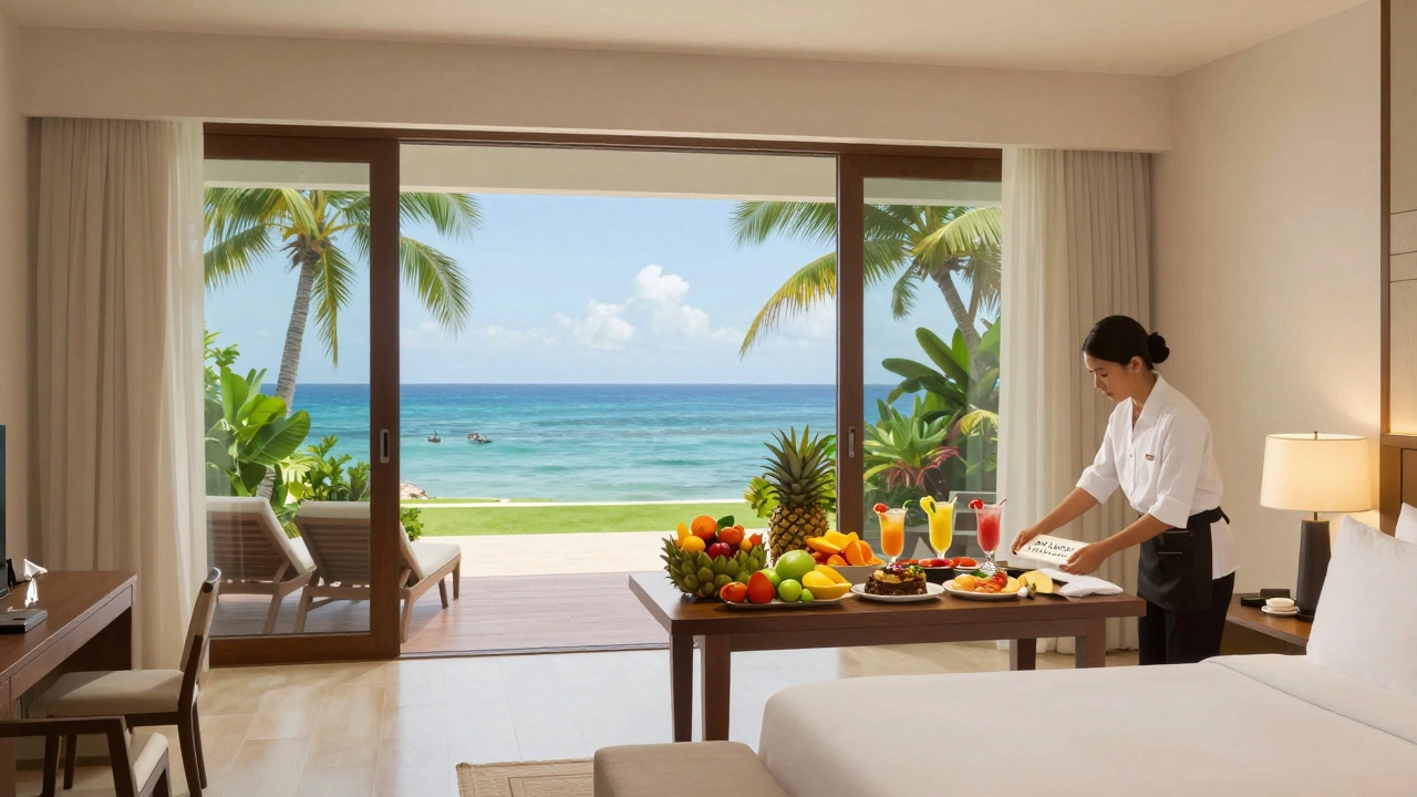 Luxury resort suite with buffet and spa voucher, calm and inviting atmosphere.