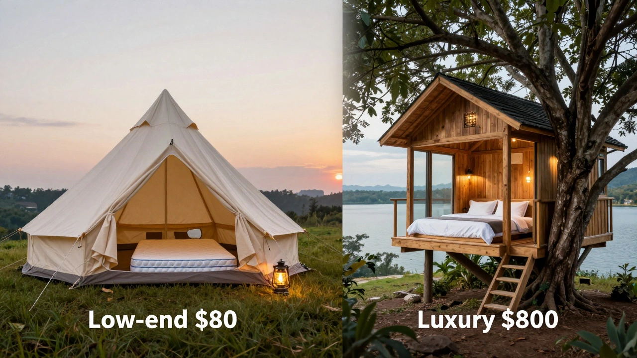 Side-by-side visual of budget and luxury glamping experiences in nature.