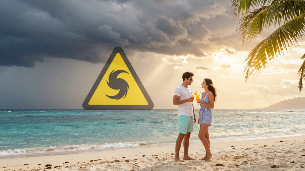 A couple enjoying cocktails on a beach at sunset, with storm clouds parting overhead—symbolizing safe travel during hurricane season.