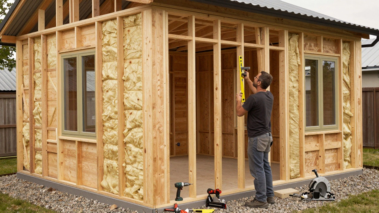 A DIY builder installing walls and roof on a cottage using basic tools like a drill and hammer.