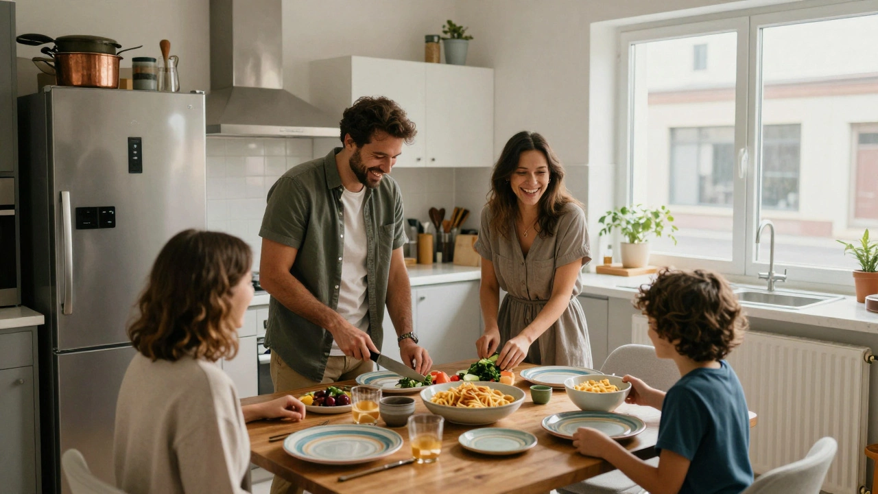 A family cooking together in a spacious self-catering apartment kitchen, laughing as they prepare dinner.